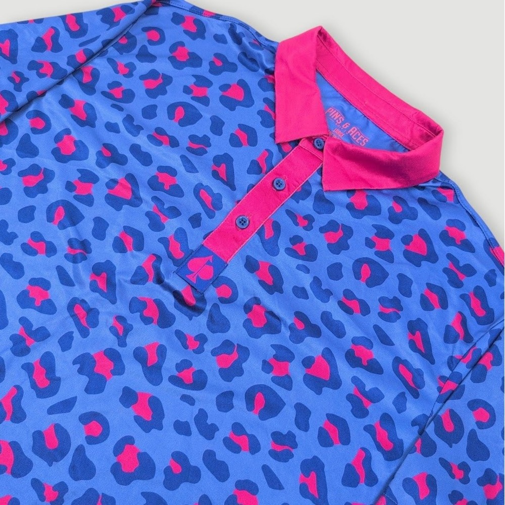 Pins and Aces Crazy Cat Polo Shirt Mens Large Blue Pink Leopard Golf Performance